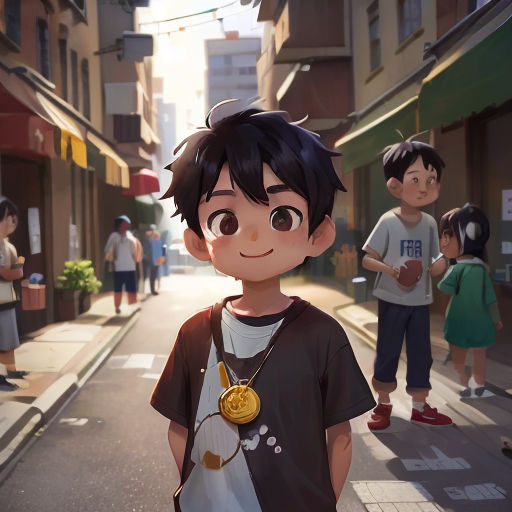 a boy standing on a street with a medal around his neck and a group of children standing on the side of the street