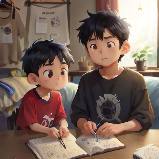 two children sitting at a table with a book and pen in front of them, one of them is writing