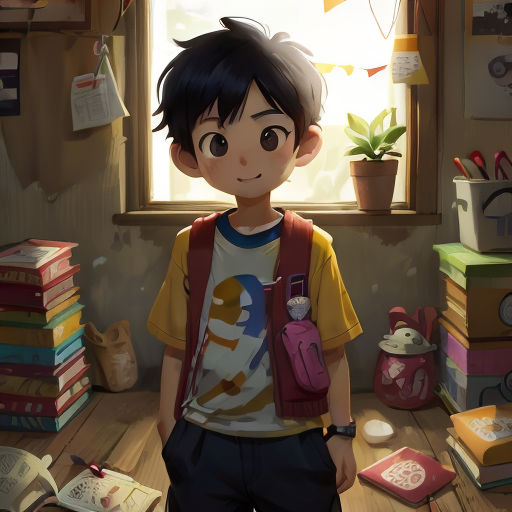 a boy standing in front of a window with a backpack on his back and books on the floor behind him