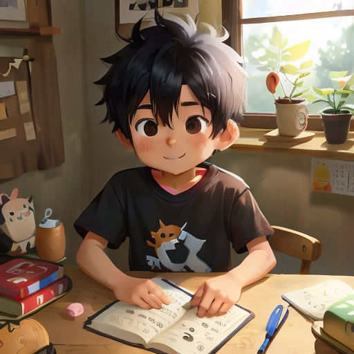 a boy sitting at a table with a book and pen in his hand and a cat on the table