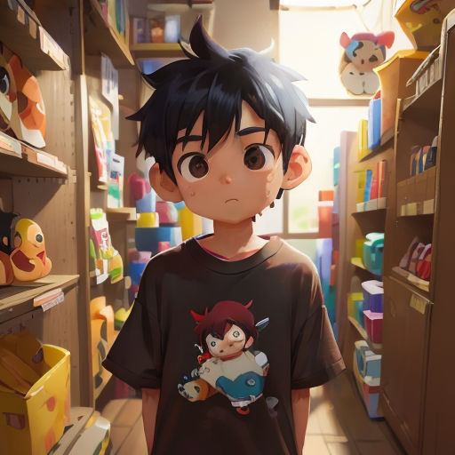 a boy standing in a store with a stuffed animal on his shirt and a stuffed animal on his shirt