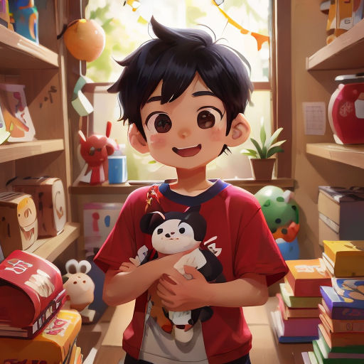 a boy holding a stuffed animal in a room full of books and toys, with a window in the background