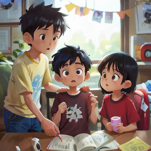 three children are sitting at a table with an open book and a cup of coffee in front of them