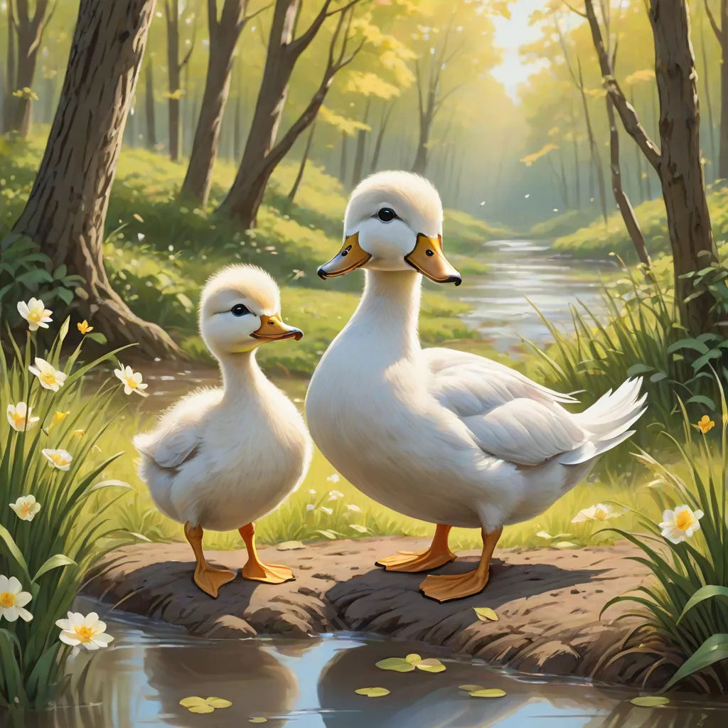 two ducks standing on a rock near a river and trees with flowers in the background and a stream running through the woods, Brothers Hildebrandt, furry art, a fine art painting, official art