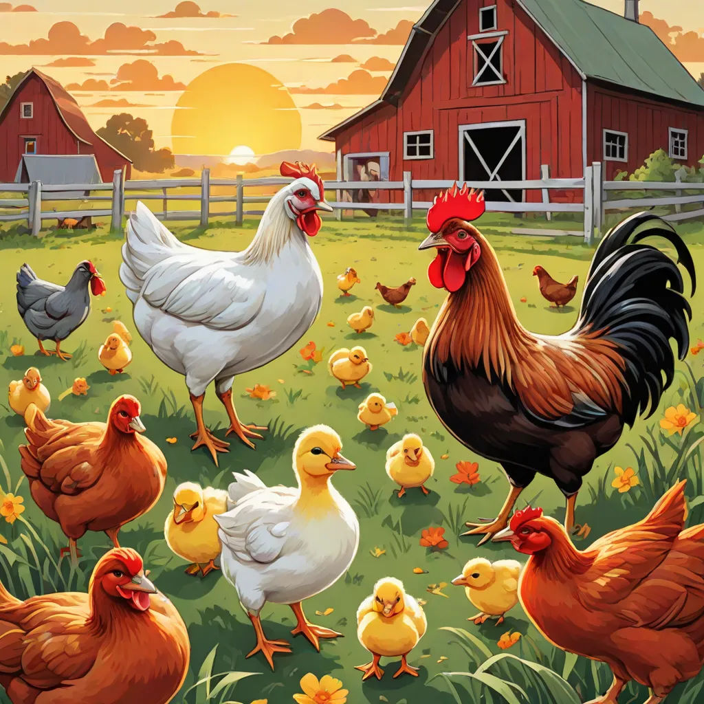 a group of chickens standing on top of a grass covered field next to a barn and a red barn, Dan Mumford, folk art, a storybook illustration, detailed illustration
