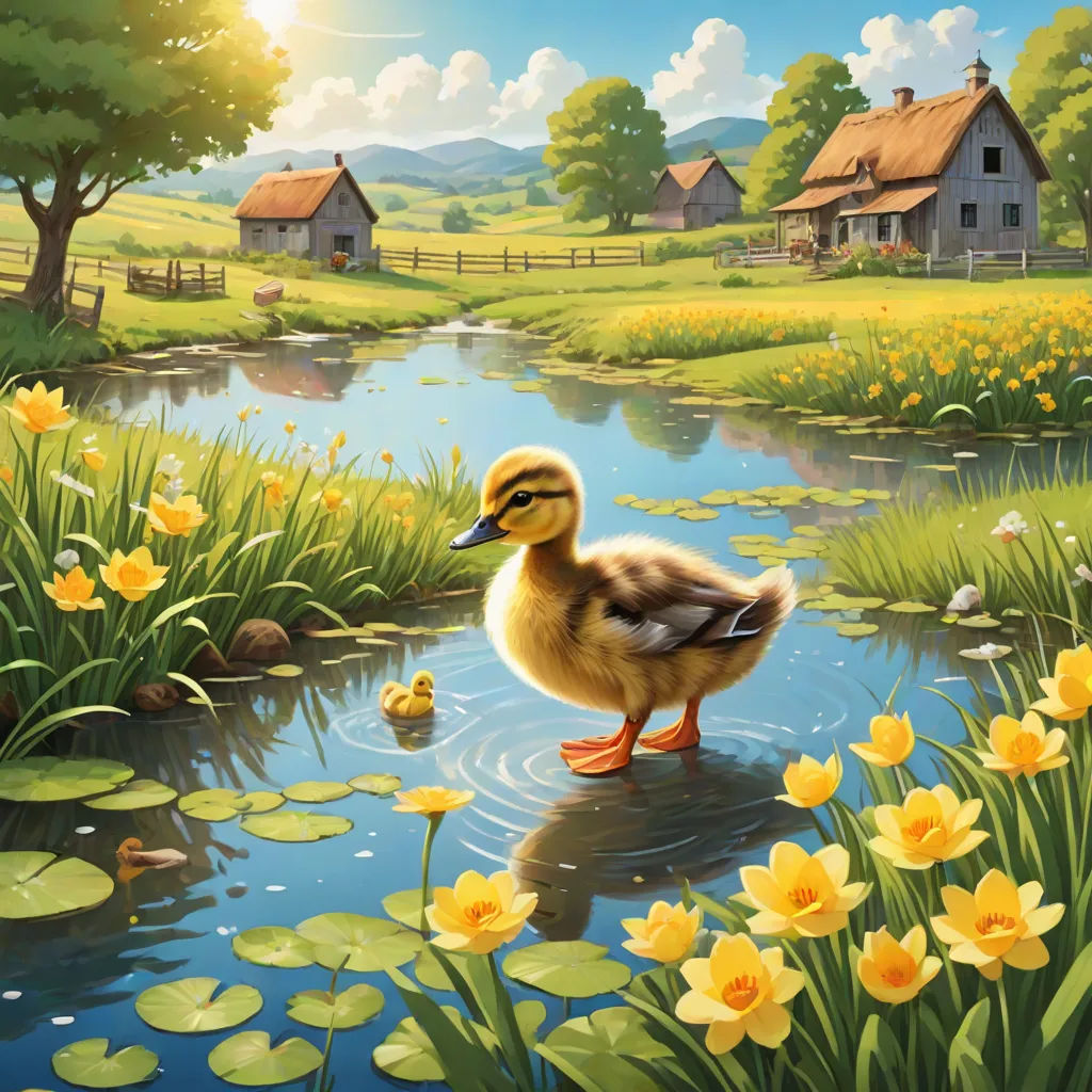 a duck and a duckling are in a pond with lily pads and a farm in the background with a house, Chris LaBrooy, american scene painting, a storybook illustration, highly detailed digital painting