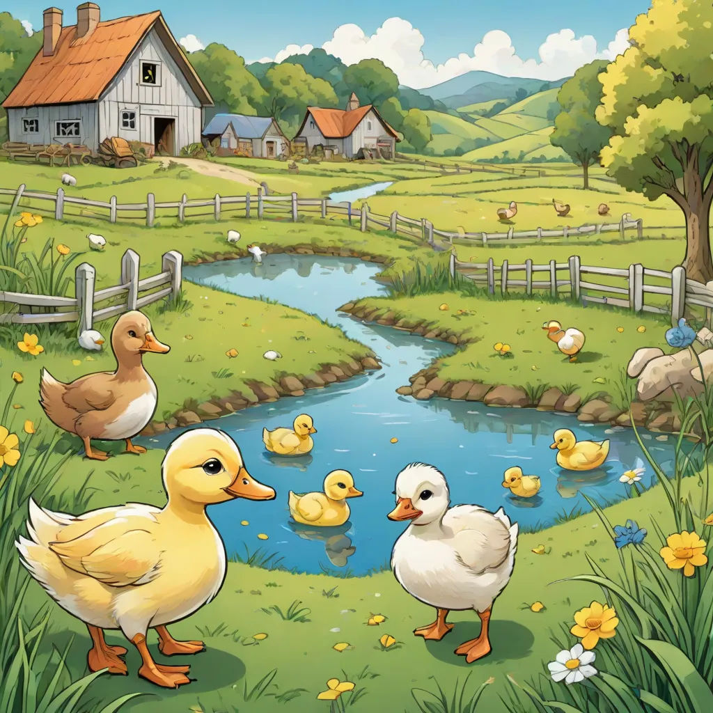 a painting of ducks and ducks in a pond near a farm house and a fenced in area with a pond, Anne Said, american scene painting, a storybook illustration, storybook illustration