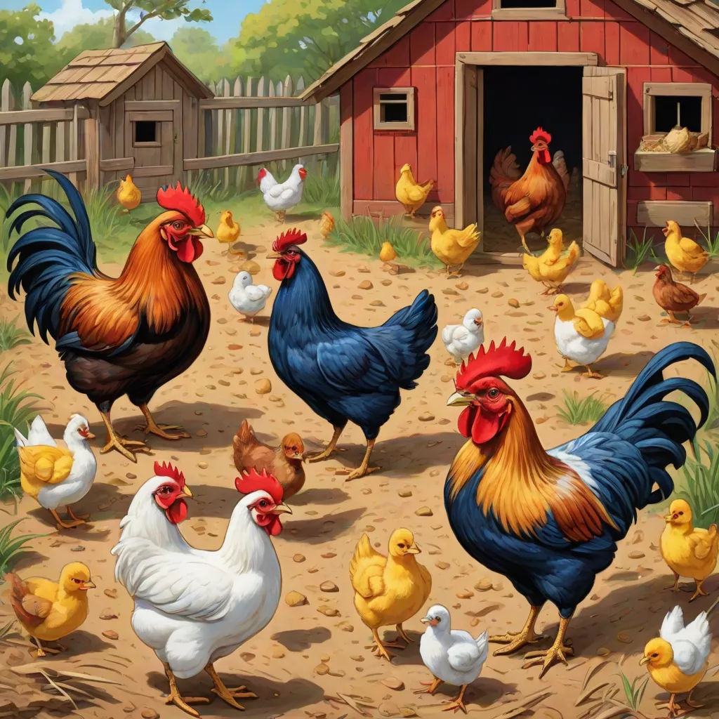 a painting of chickens and roosters in a farm yard with a barn in the background and a red barn in the background, David Young Cameron, folk art, a storybook illustration, furaffinity