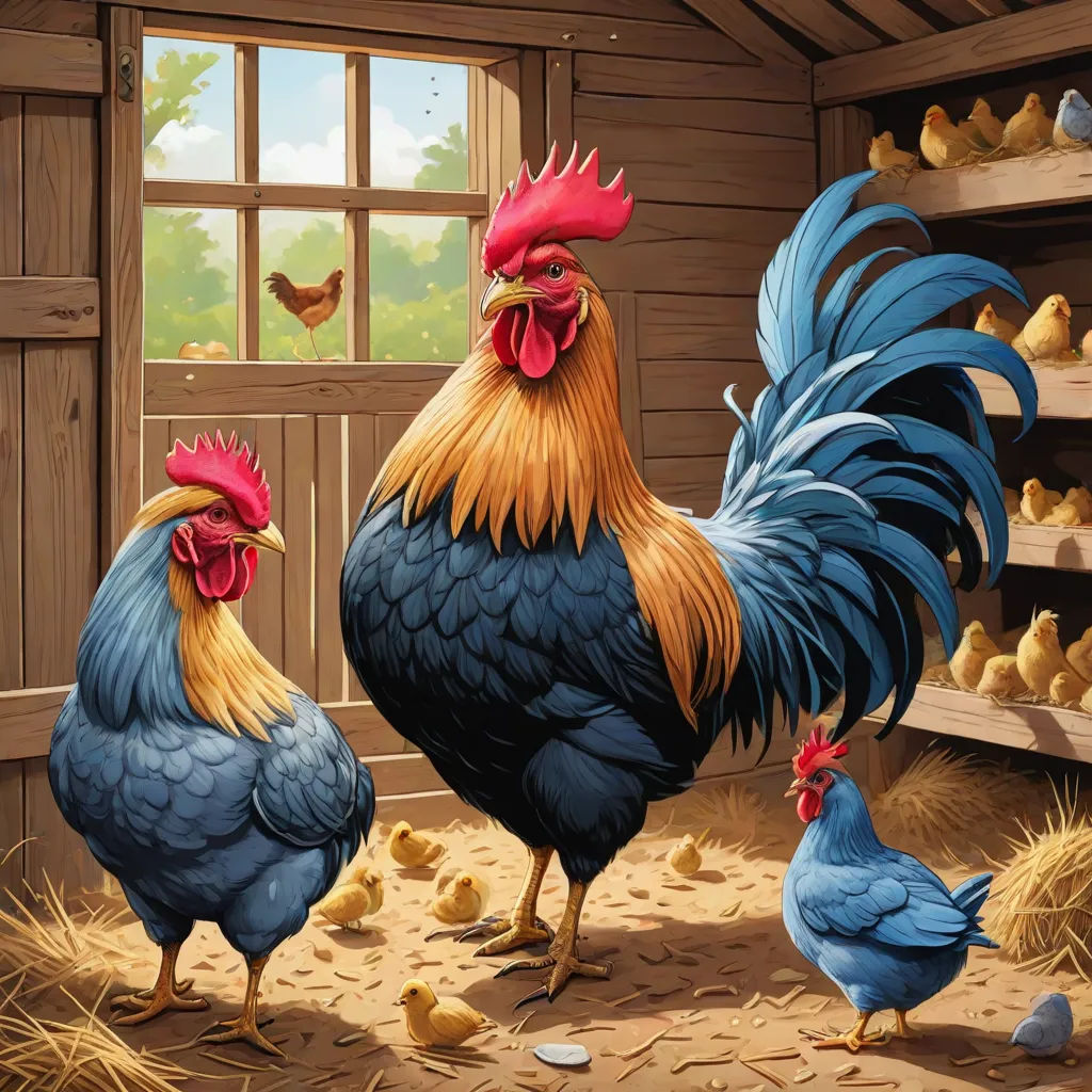 a painting of two chickens in a barn with chickens in the background and a chicken in the foreground, Chris LaBrooy, folk art, a storybook illustration, highly detailed digital painting