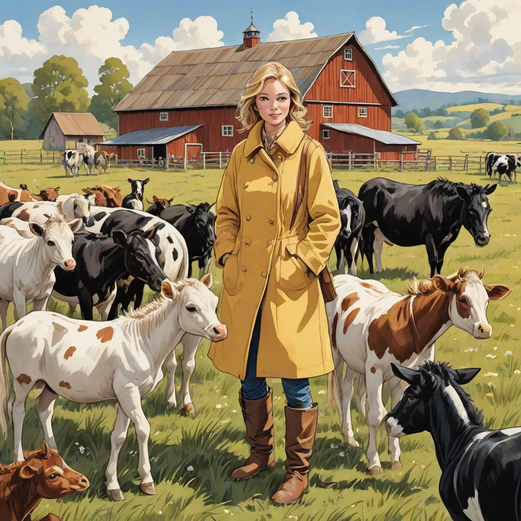a woman standing in a field with cows and a barn in the background, with a painting of a woman in a yellow coat, F Scott Hess, american scene painting, a storybook illustration, promotional image