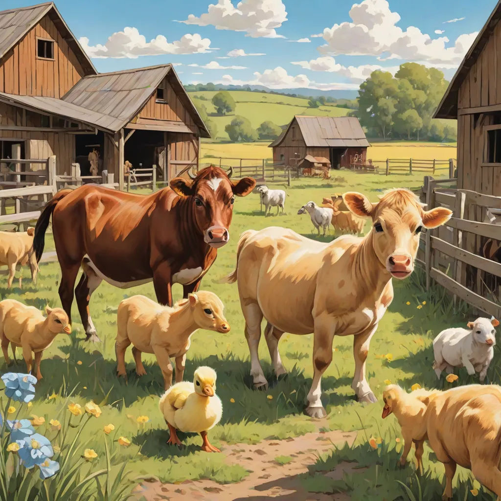 a painting of a farm with a cow and her babies in the grass and a few chickens and chickens in the grass, Chris LaBrooy, american scene painting, a storybook illustration, kinkade