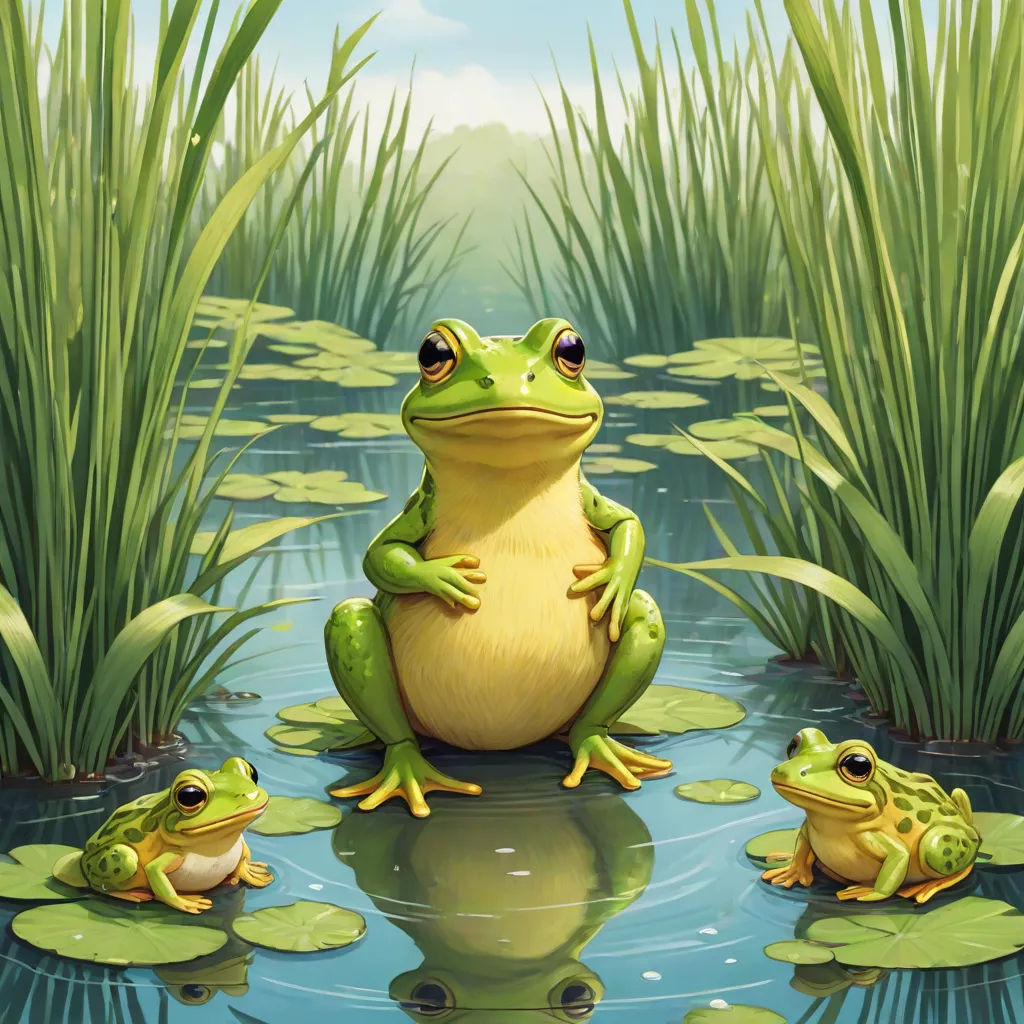 a frog sitting on a lily pad in a pond with two other frogs in the water and grass in the background, Andries Stock, fantasy art, a storybook illustration, highly detailed digital painting