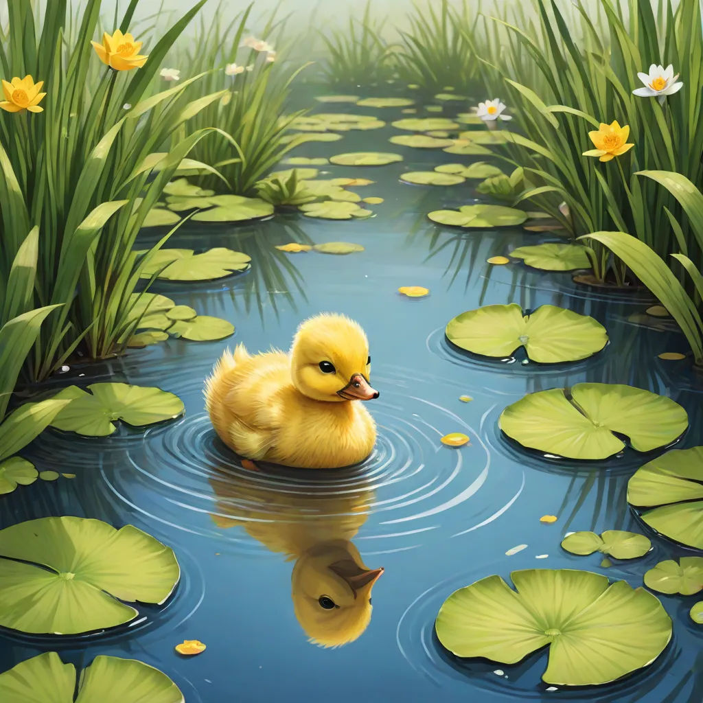 a duckling floating in a pond with lily pads and yellow flowers in the background, with a reflection of the duckling in the water, Cyril Rolando, magic realism, a digital painting, highly detailed digital painting
