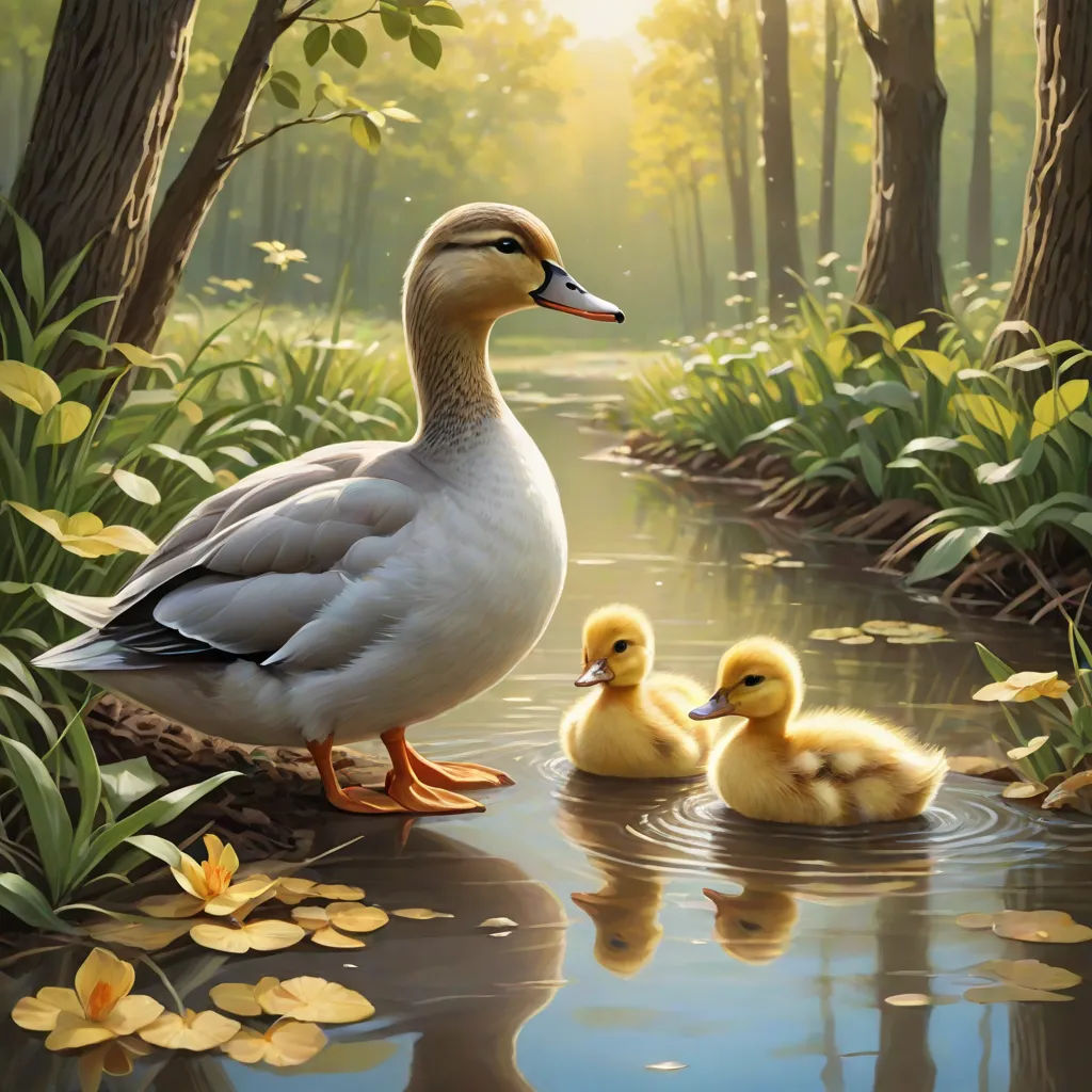 a duck and two ducklings are in the water near a pond with lily pads and trees in the background, Brothers Hildebrandt, massurrealism, an oil painting, nature