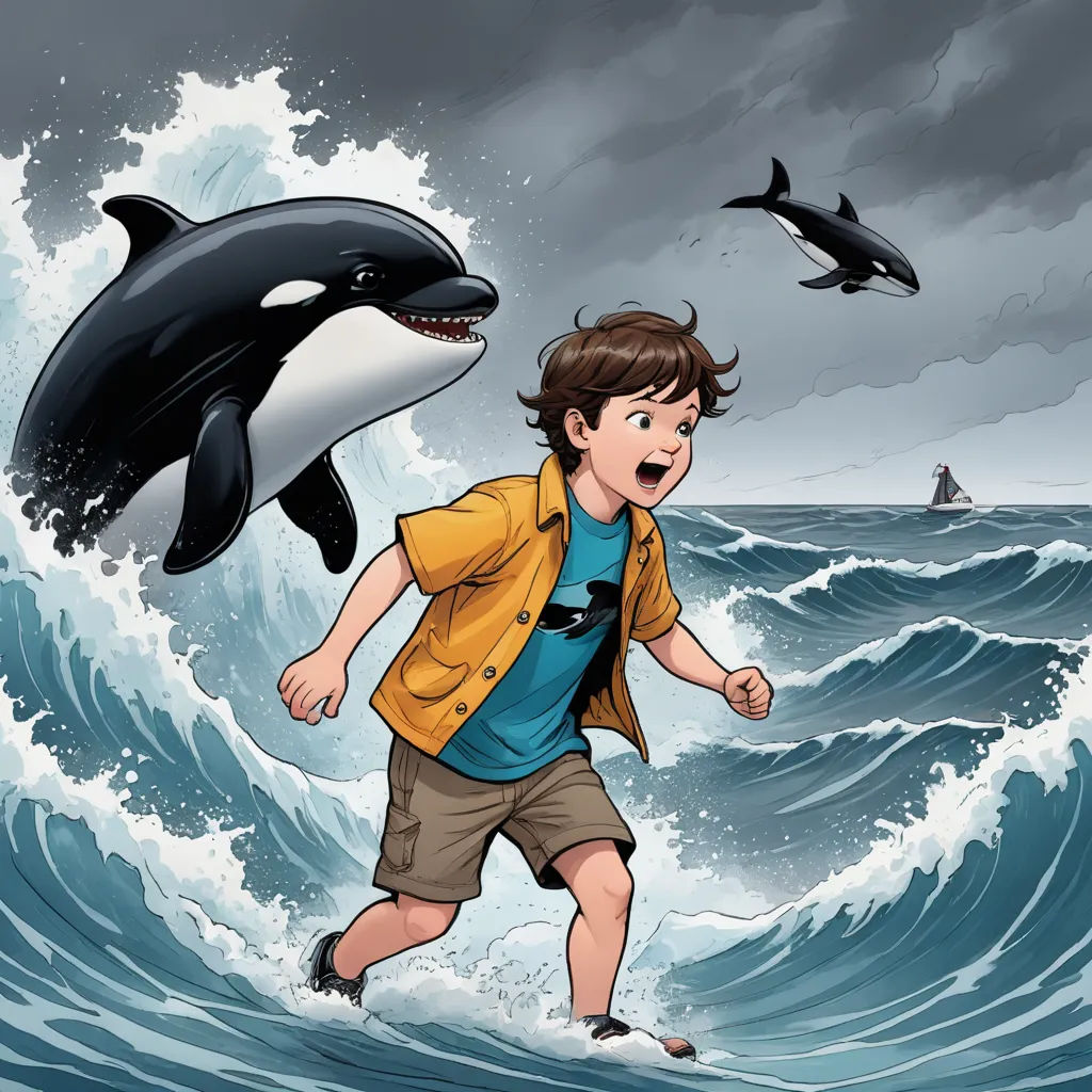 a boy is surfing with a dolphin and a boat in the background on a stormy day with a dolphin, fantasy art, a comic book panel, Cliff Childs, storybook illustration