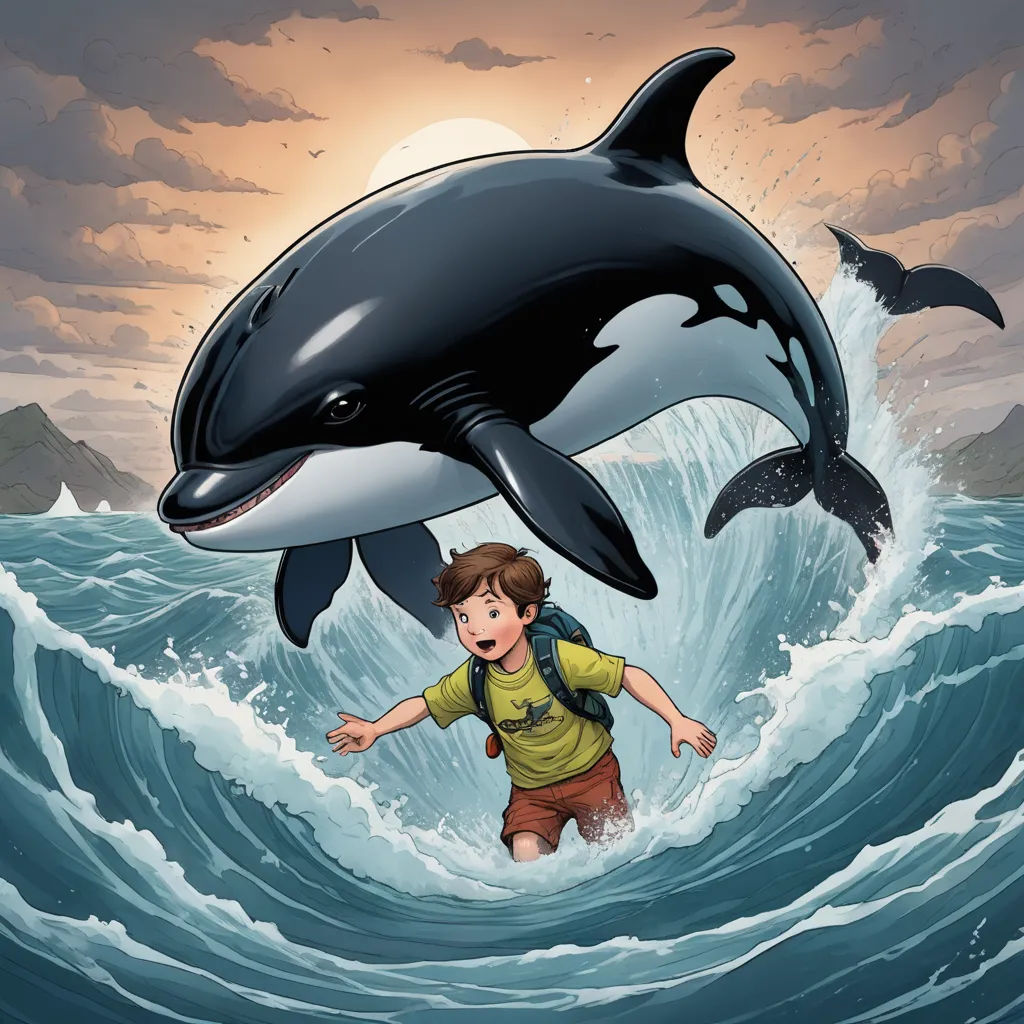a boy is standing in the water with a dolphin in front of him and a dolphin in the background, fantasy art, a storybook illustration, Diego Gisbert Llorens, comic cover art