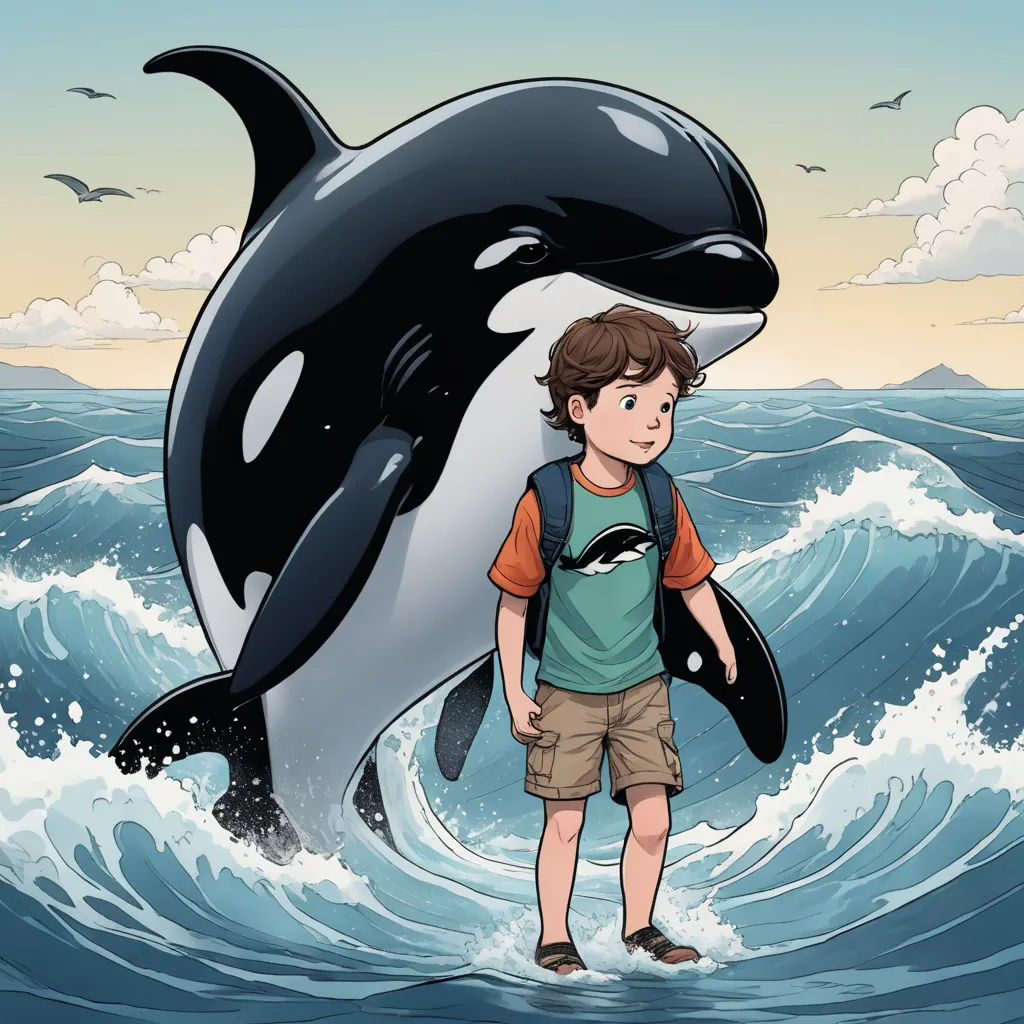 a boy standing in the water with a dolphin behind him and a surfboard in his hand, in front of a large wave, environmental art, a storybook illustration, Diego Gisbert Llorens, comic cover art