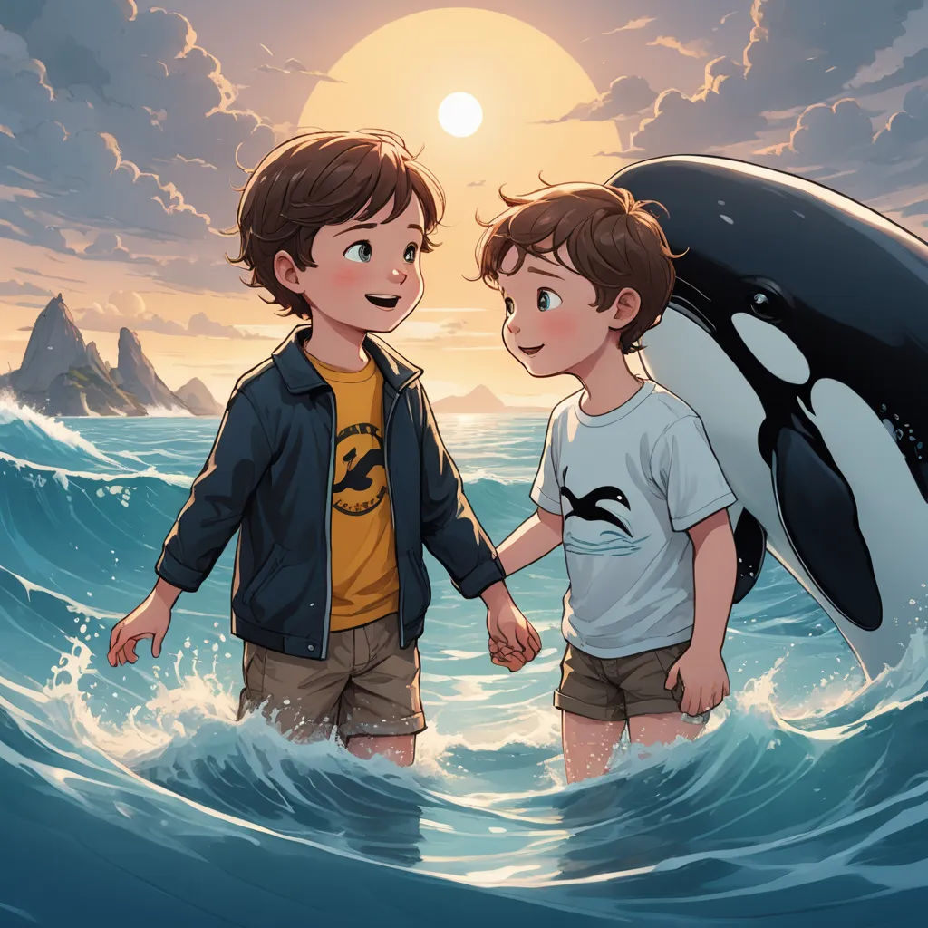 two boys are standing in the water with a whale in their hands and a boat in the background, with a sunset in the background, rayonism, a storybook illustration, Felix-Kelly, ocean