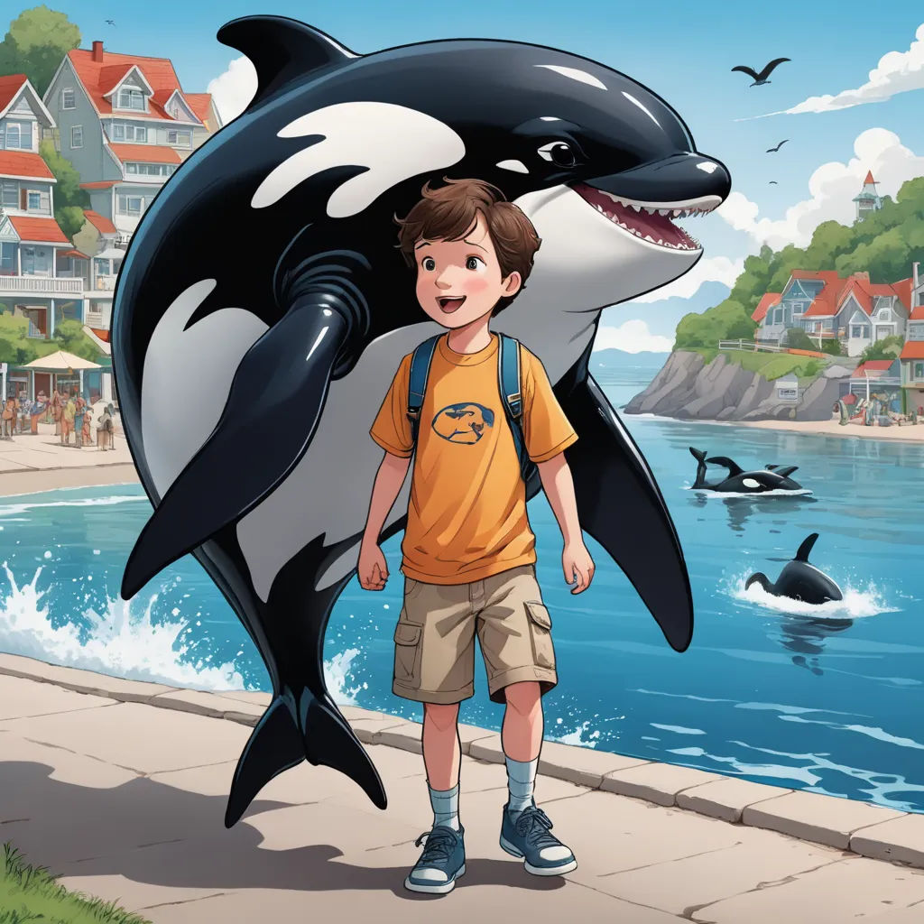 a boy standing next to a dolphin on a sidewalk near a body of water with a boat in the background, photorealism, a storybook illustration, Cliff Childs, comic cover art