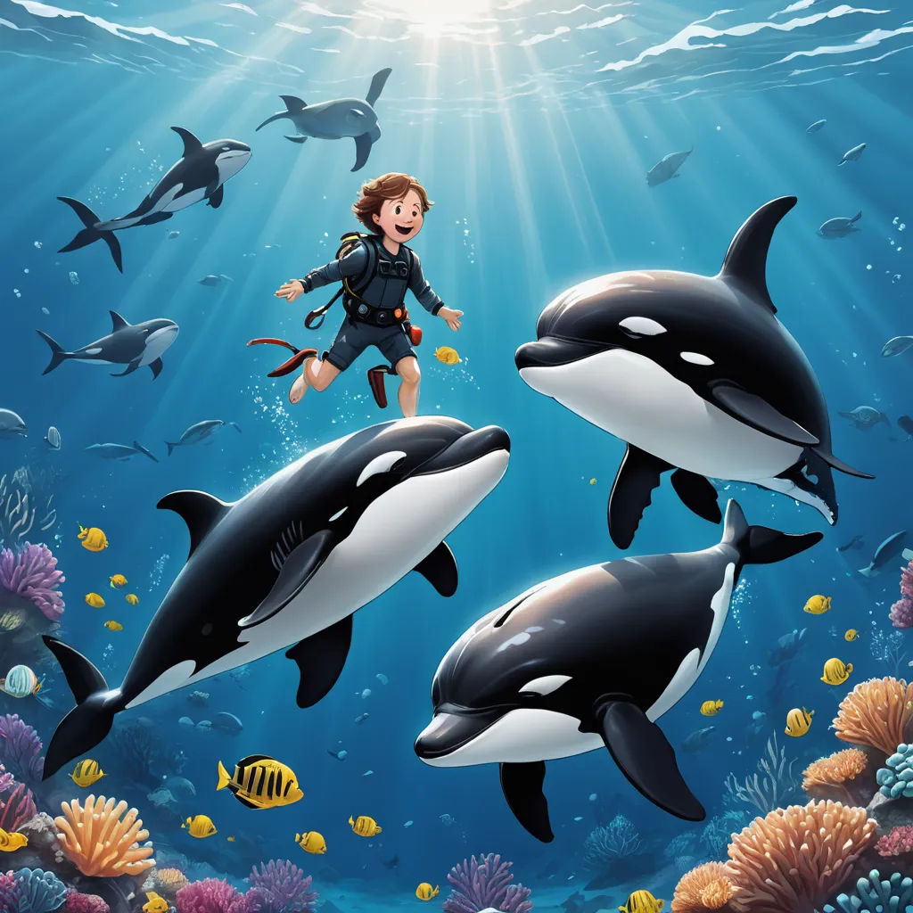 a boy is swimming between three orca whales in the ocean with a scuba diver nearby on a sunny day, magical realism, a storybook illustration, Cliff Childs, official art