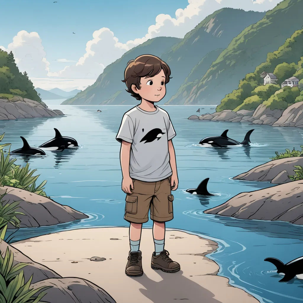 a boy standing on a rock in front of a body of water with dolphins swimming in the water behind him, environmental art, a storybook illustration, Diego Gisbert Llorens, graphic novel