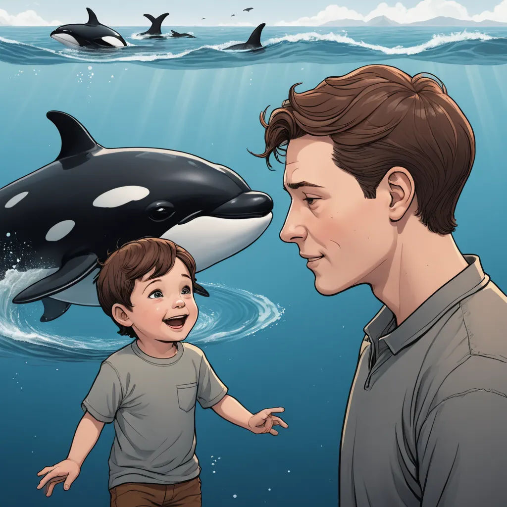 a man and a boy are looking at a whale in the water with a whale in the background and a man holding a child, dada, a comic book panel, Diego Gisbert Llorens, graphic novel