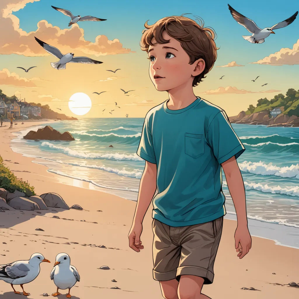 a boy walking on the beach with seagulls flying around him and a bird flying over him on the beach, photorealism, a comic book panel, Cliff Childs, comic cover art