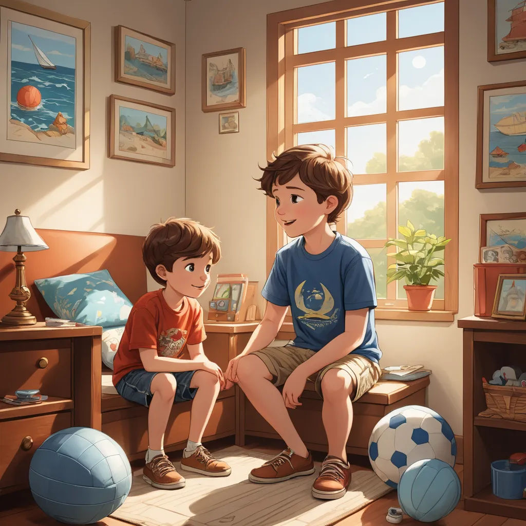 a boy and a boy sitting on a bed in a room with a window and a soccer ball on the floor, photorealism, a storybook illustration, Diego Gisbert Llorens, rossdraws global illumination