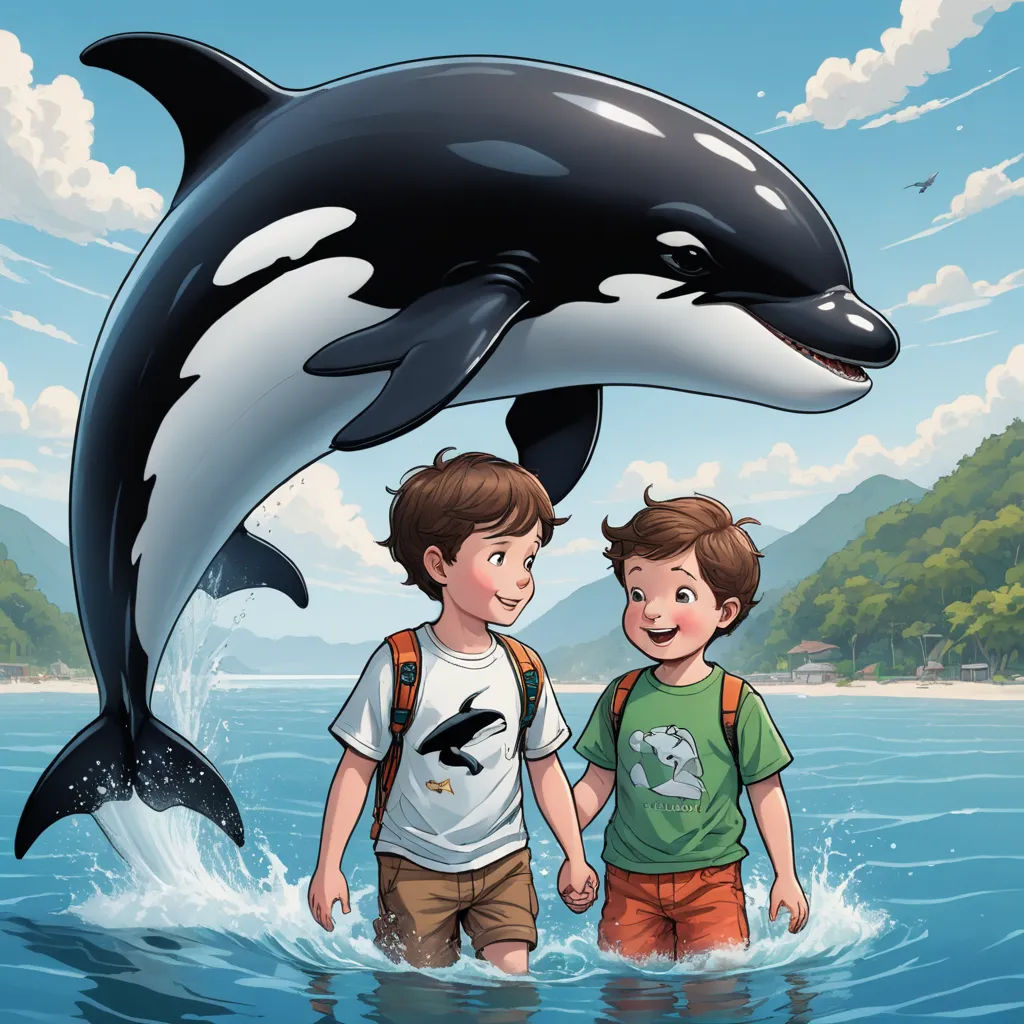 a boy and a boy are standing in the water with a dolphin on his back and a mountain in the background, pop surrealism, a storybook illustration, Diego Gisbert Llorens, storybook illustration