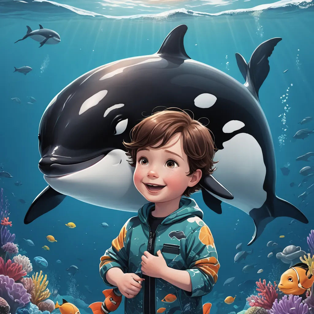 a boy standing in front of a whale in the ocean with a fish in his mouth and a dolphin in the background, digital art, a storybook illustration, Diego Gisbert Llorens, highly detailed digital painting
