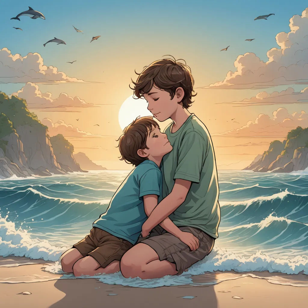 a boy and a boy hugging on the beach with a sunset in the background and birds flying overhead in the sky, lyco art, a storybook illustration, Brothers Hildebrandt, rossdraws global illumination