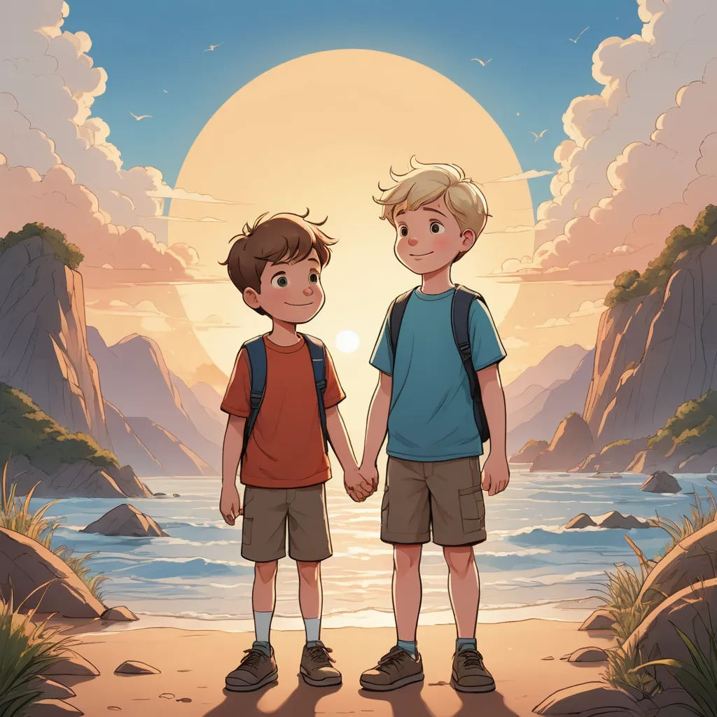 two boys standing on a beach holding hands under a sunset sky with mountains in the background and a body of water in the foreground, serial art, a storybook illustration, Cyril Rolando, rossdraws global illumination