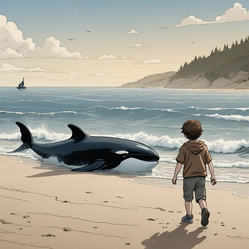 a boy is walking on the beach with a whale in the water and a boat in the background,, environmental art, a storybook illustration, Cliff Childs, storybook illustration
