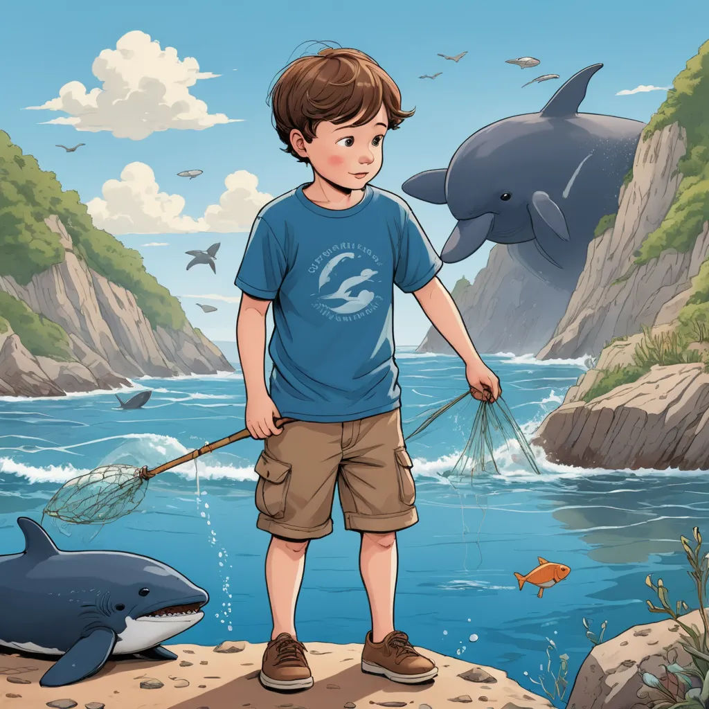 a boy standing on a rock with a fishing net in front of a dolphin and a dolphin swimming in the water, lyco art, a storybook illustration, Diego Gisbert Llorens, storybook illustration