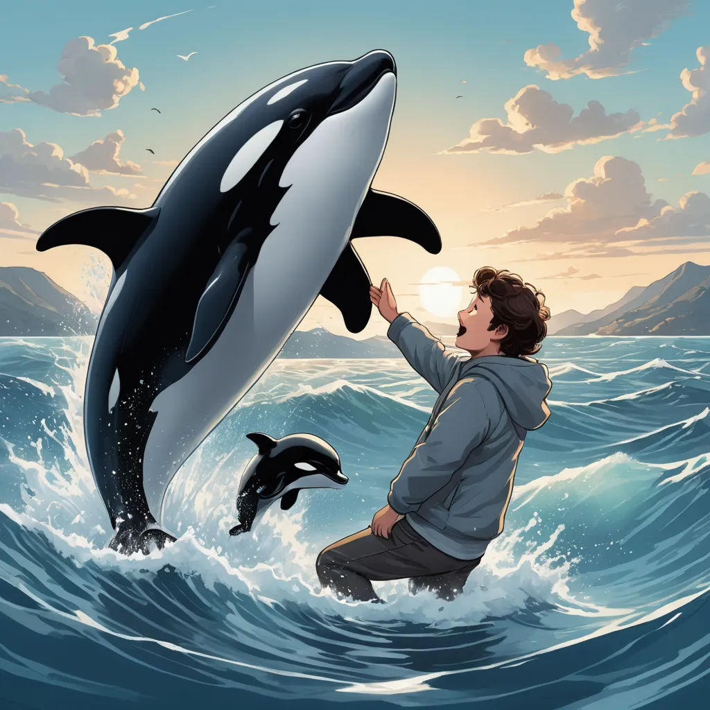 a man is playing with a dolphin in the ocean with a dolphin in the background and a dolphin jumping out of the water, environmental art, a storybook illustration, Cliff Childs, storybook illustration