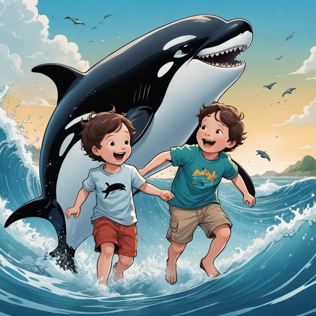 two children are playing in the ocean with a shark behind them, and a shark is in the background, rayonism, a storybook illustration, Cliff Childs, storybook illustration