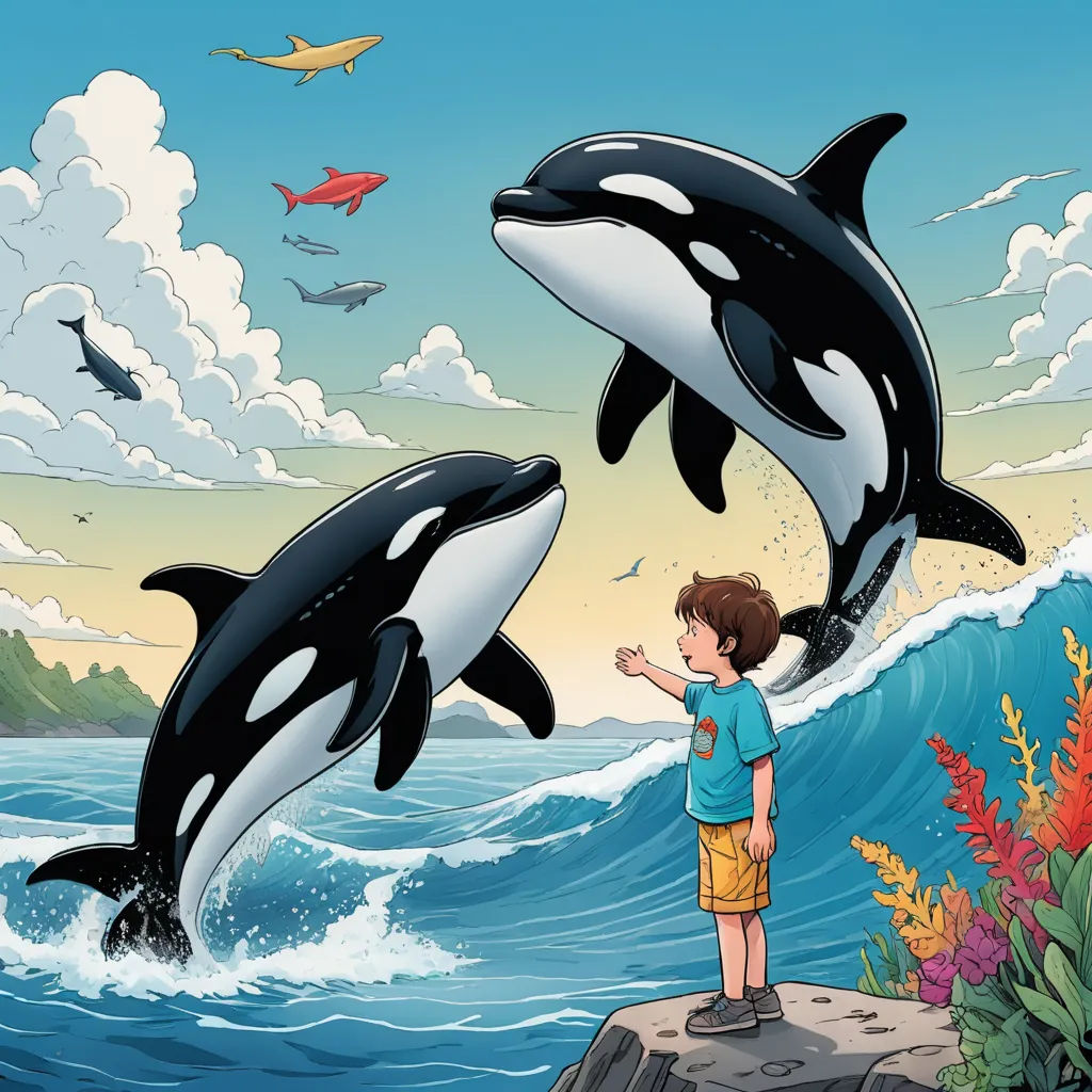 a boy standing on a rock looking at two orca's in the ocean with a sky background, environmental art, a storybook illustration, Cliff Childs, storybook illustration