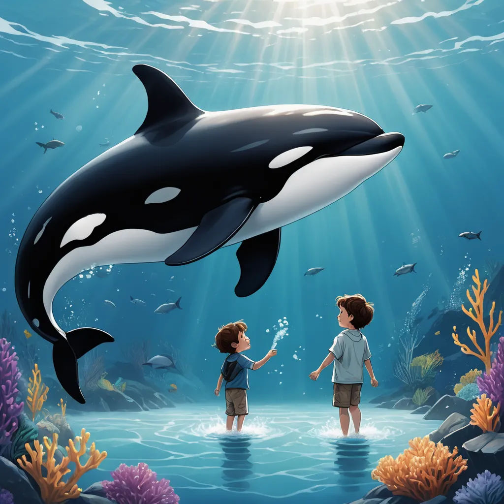 a boy and a boy are standing in the water with an orca whale above them and a fish above them, magical realism, a storybook illustration, Cliff Childs, storybook illustration