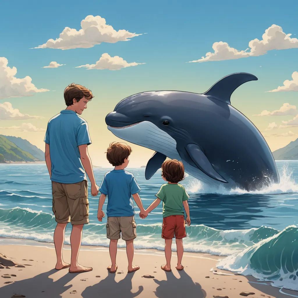 a man and two boys standing on a beach with a dolphin in the background and a man holding the hands of two boys, magical realism, a storybook illustration, Atey Ghailan, storybook illustration