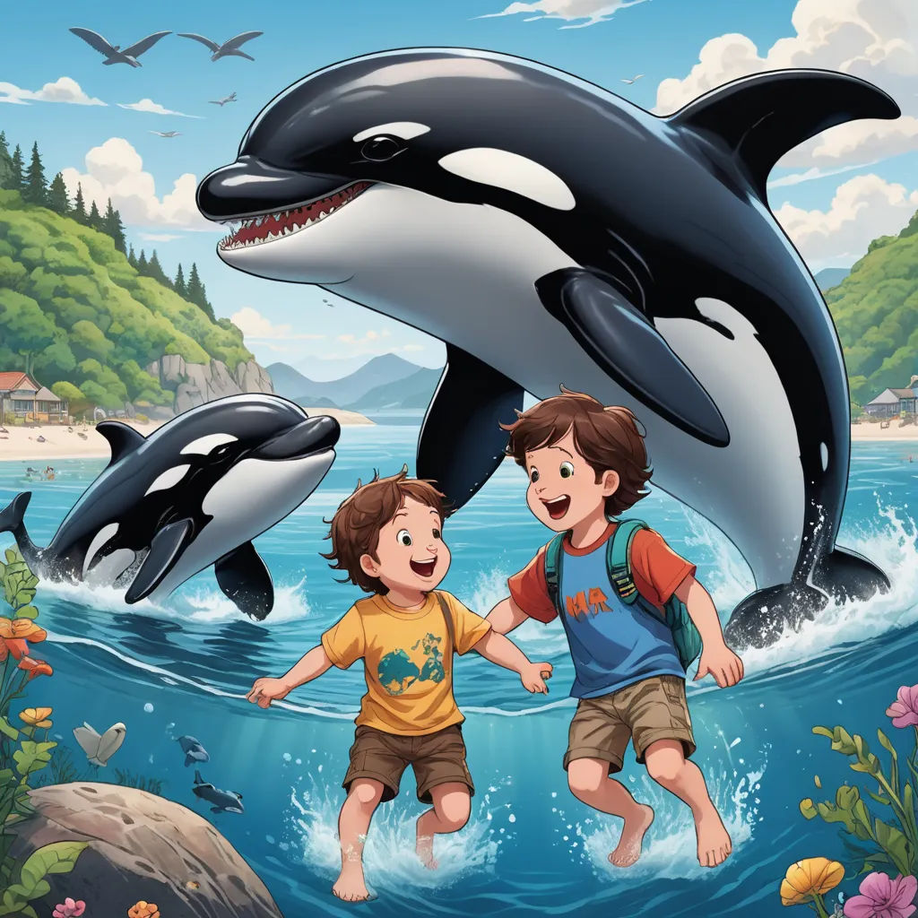 two children playing in the water with a whale and a dolphin in the background illustration for children's book, lyco art, a storybook illustration, Diego Gisbert Llorens, official art