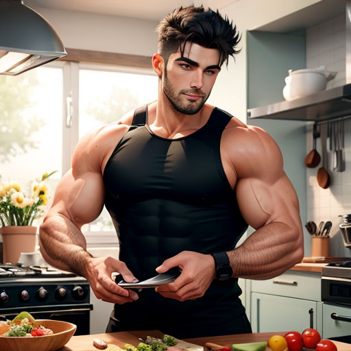 a man in a kitchen holding a knife and a cell phone in his hand while looking at a tablet