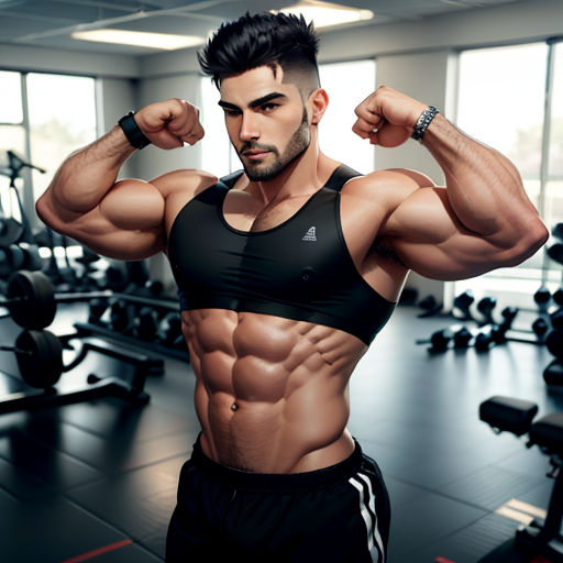 a man flexing his muscles in a gym room with a window in the background and a row of exercise equipment