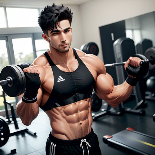 a man is doing a bodybuilding exercise with a barbell in a gym room with a window overlooking the pool