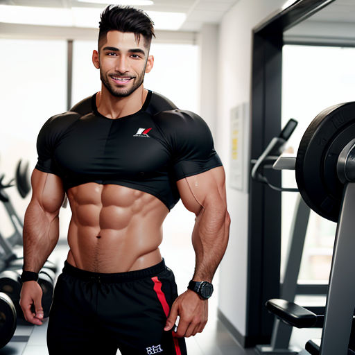 a man with a muscular body standing in a gym with a barbell and a pair of dumbbells
