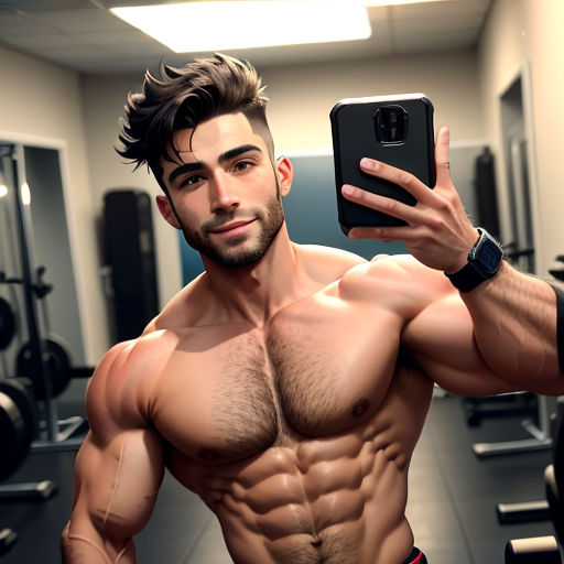 a man taking a selfie in a gym with his cell phone in his hand and his shirt off