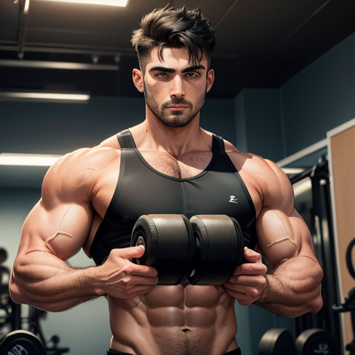 a man with a muscular body holding a dumbbell in a gym room with a mirror behind him and a light overhead