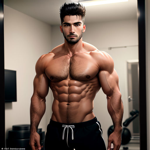 a man with a muscular body standing in a mirror in a gym room with no shirt on and no shirt on