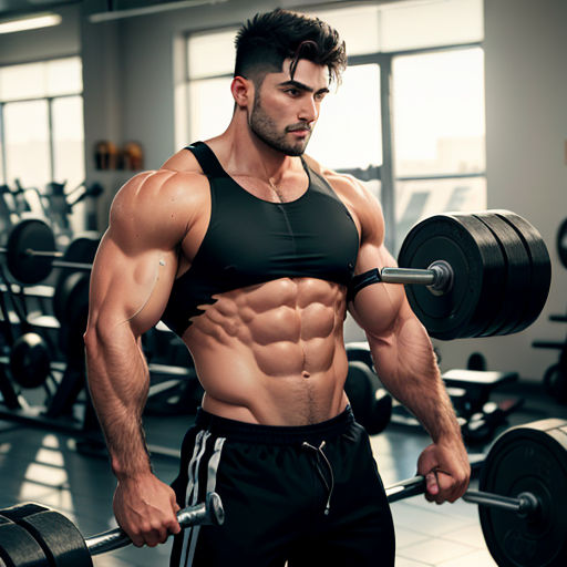 a man with a muscular body is holding a barbell in a gym room with a window behind him