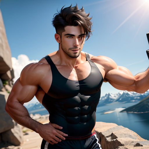 a man with a muscular body holding a cell phone in his hand and posing for a picture with a mountain view in the background