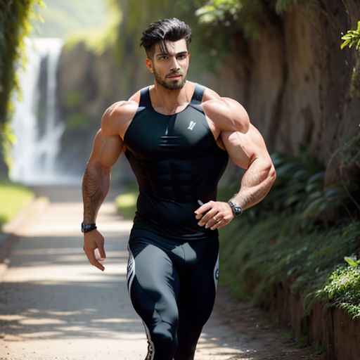 a man running down a path in a wet suit with a waterfall in the background and a man with a beard